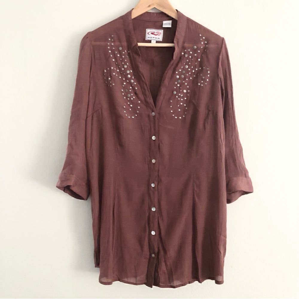 Roper sheer button down long line tunic style size large western bling